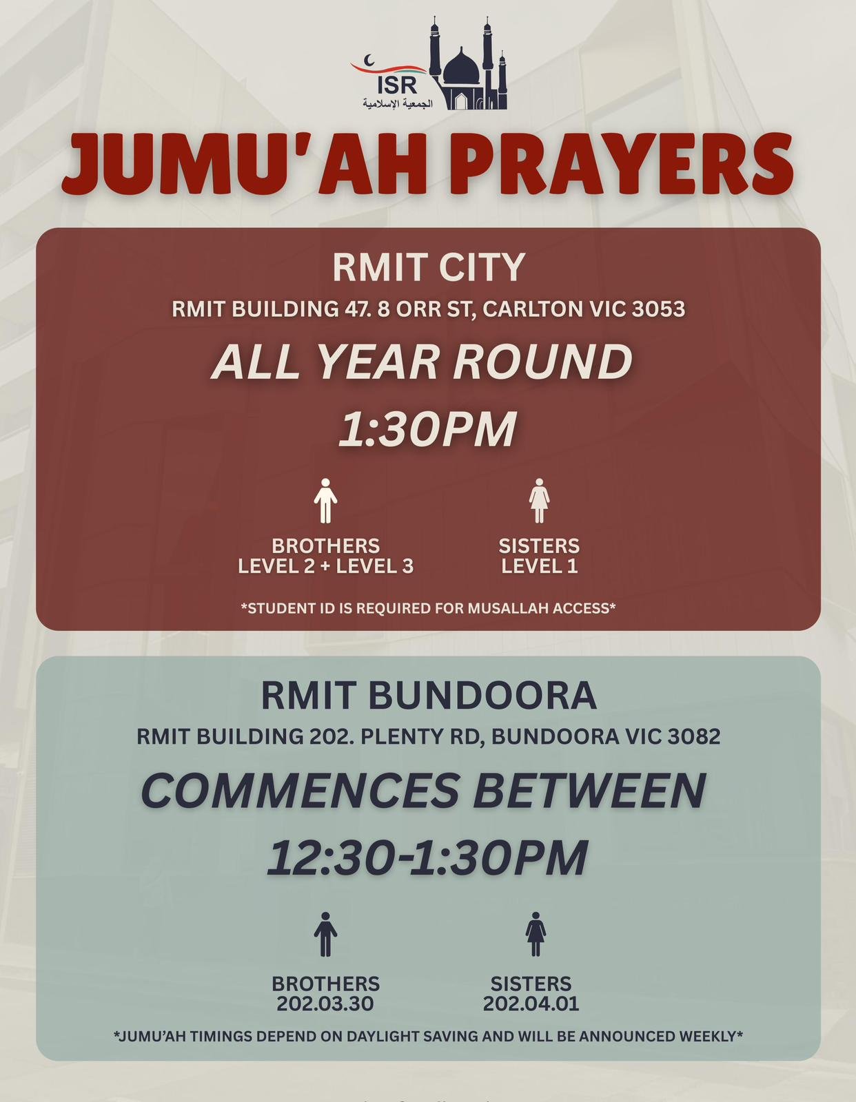 ISR Jumu'ah prayers flyer showing RMIT City Building 47 at 1:30pm and RMIT Bundoora Building 202 times and rooms